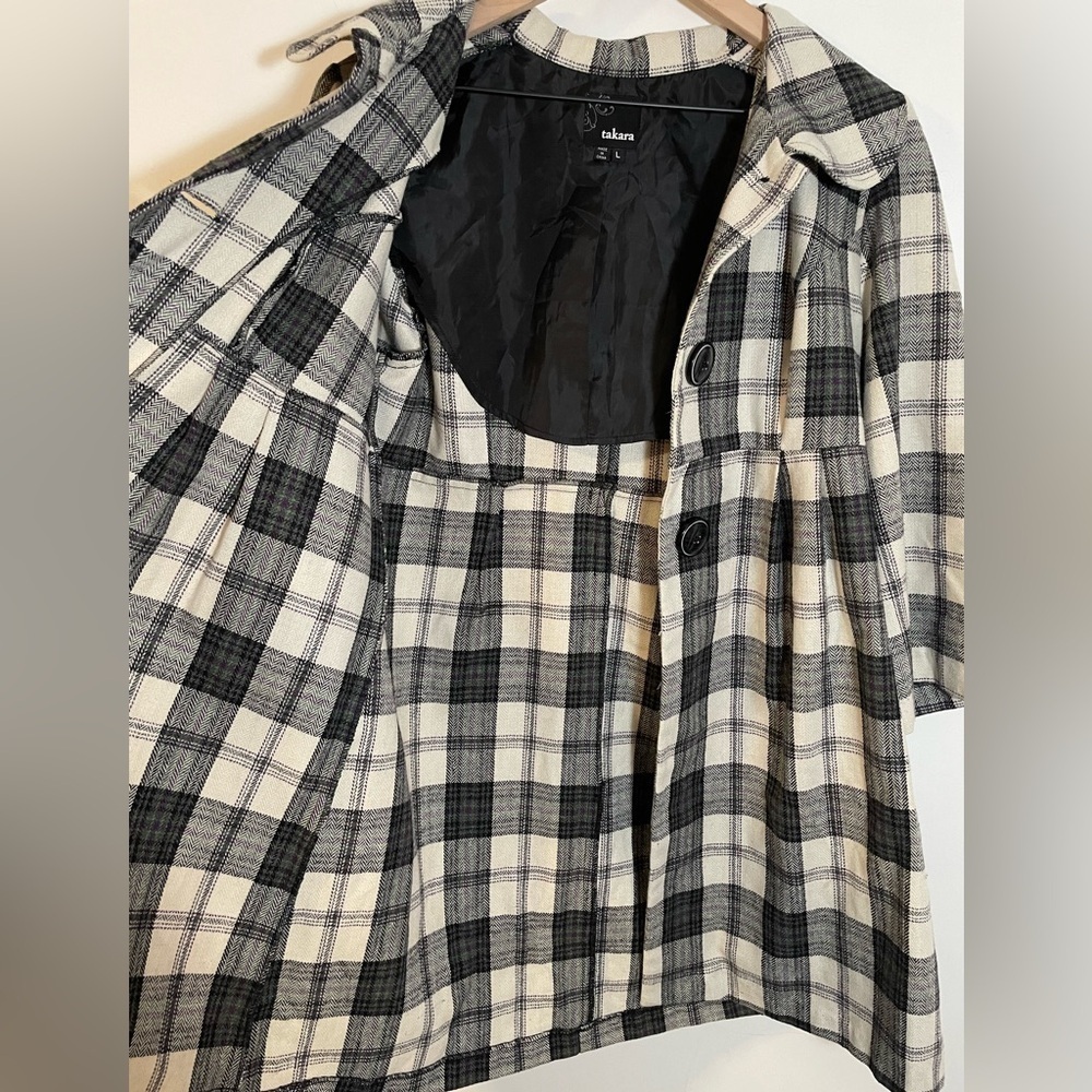 Takara Collared Plaid Long Wool Blend Lightweight Pea Coat 3/4 Sleeve Size Large - Picture 4 of 12